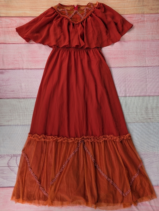 Vintage Dresses & Skirts - Vintage 70s/80s Prairie Dress Burnt Orange Boho Midi Ruffle Tulle Maxi Dress